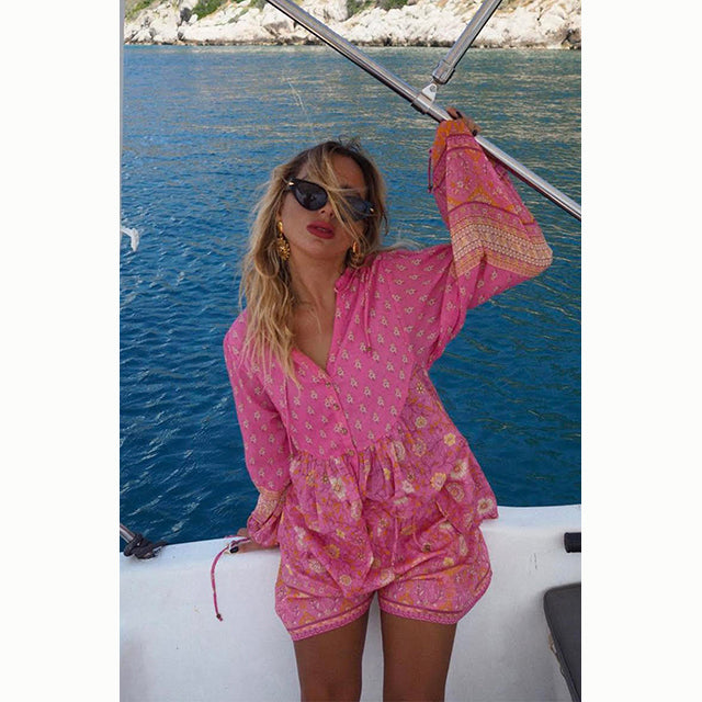 Boho Chic Blus i rosa med Knäppning