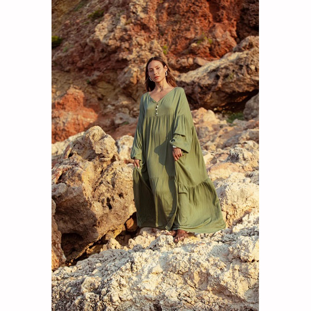 Bohemisk Maxiklänning i Rayon – Grön | One Size