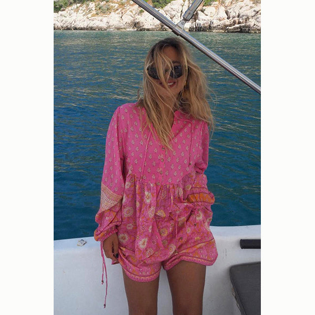 Boho Chic Blus i rosa  med Knäppning