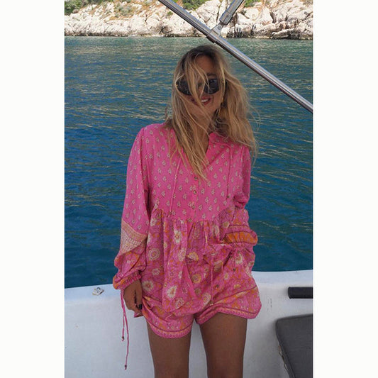Boho Chic Blus i rosa  med Knäppning