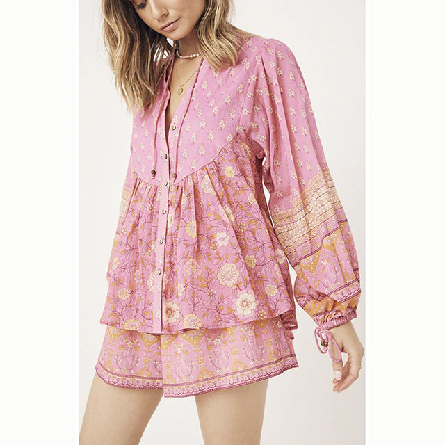 Boho Chic Blus i rosa  med Knäppning